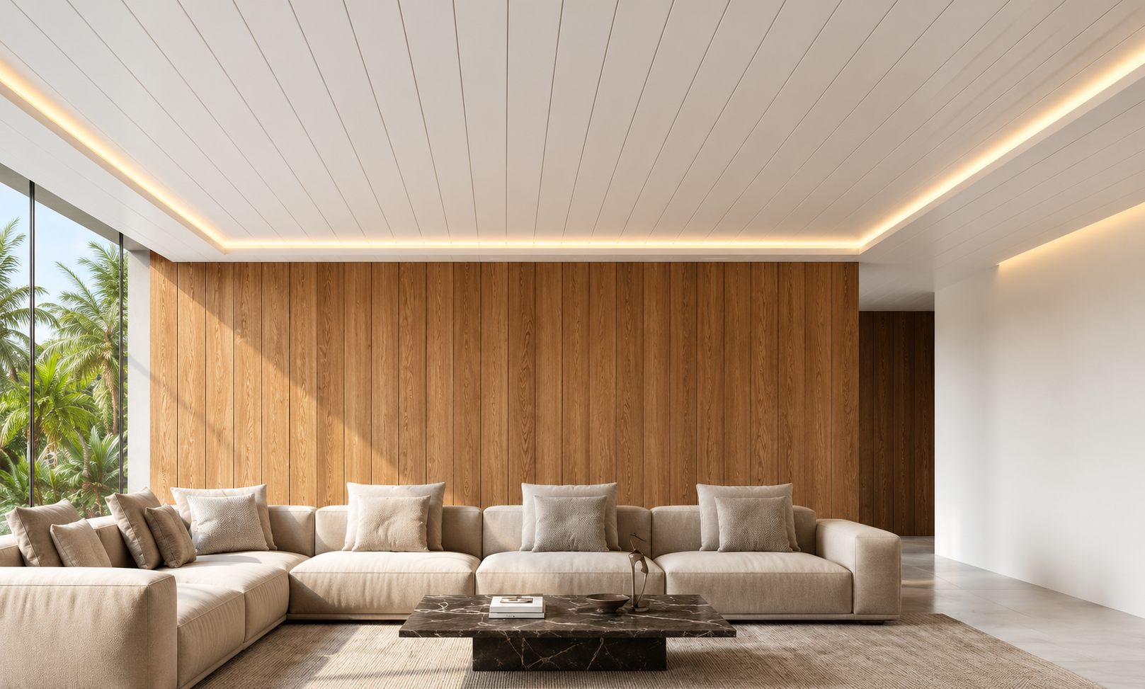 Warm minimalist living room with tropical views and natural wood paneling